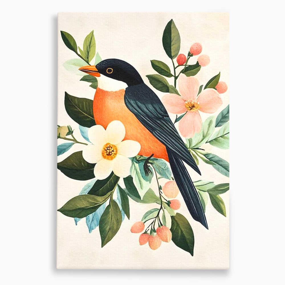 Tablou canvas cu tablou canvas cu pasare portocalie si flori, fara rama, pe sasiu de lemn